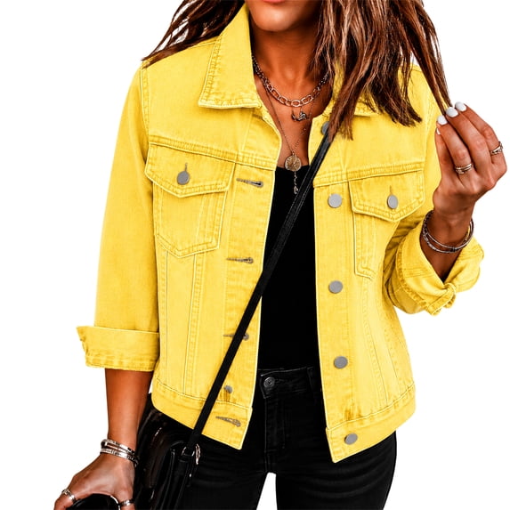 Hsovts Everyday Denim Jacket for Women, Button Up Cropped Lapel Jean Jacket, Breathable Washed Fabric Streetwear Outerwear Yellow 3xL