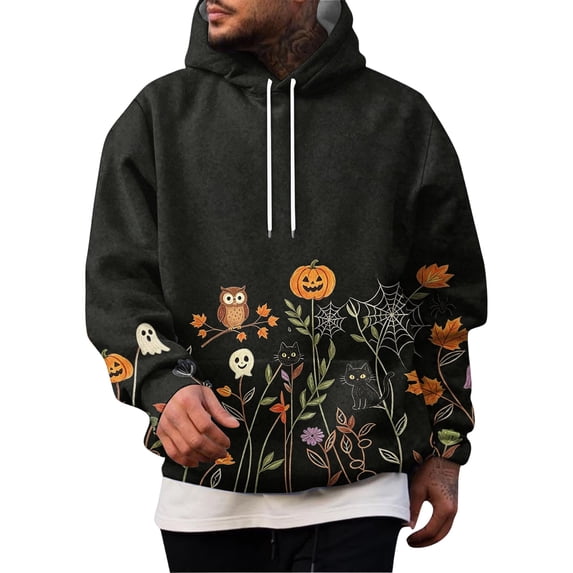 Hsovts Halloween Pumpkin Ghost Print Hooded Sweatshirt, Long Sleeve Cuff Casual Holiday Pullover Top Black 3xL