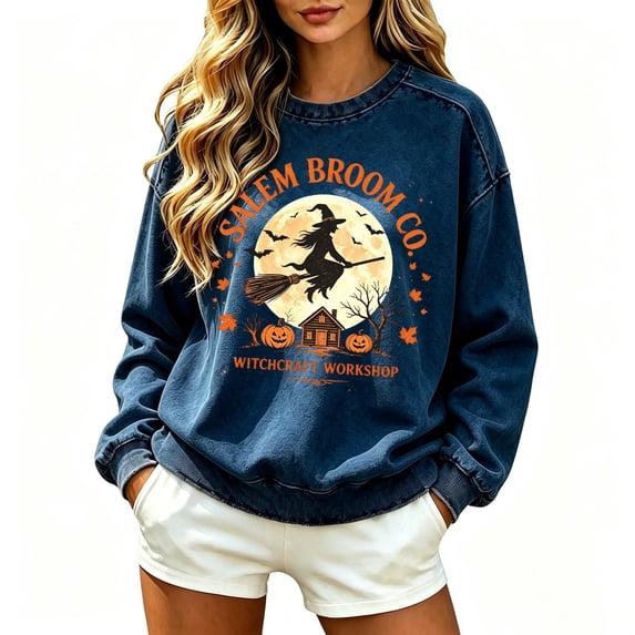 Hsovts Halloween Sweatshirt Women's Salem Broom Company Printed Casual Festival Graphic Tees Tops Witch Crewneck Shirts Long Sleeve Pullover Sweater Halloween Sweatshirts for Women Blue 3xL