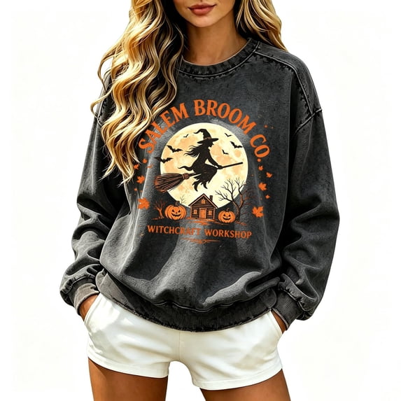 Hsovts Halloween Sweatshirt Women's Salem Broom Company Printed Cute Funny Graphic Pullover Top Witch Crewneck Shirts Long Sleeve Witch Tee Halloween Sweatshirts for Women Dark Gray L