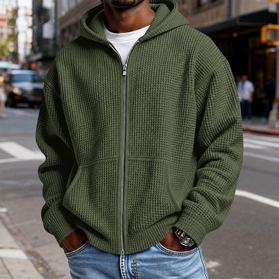 Hsovts Hoodies for Men Full Zip Drawstring Hooded Waffle Knit Sweatshirts with Pocket Lightweight Loose Tops Army Green XL