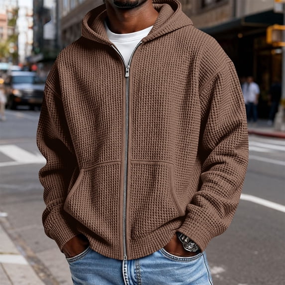 Hsovts Hoodies for Men Full Zip Drawstring Hooded Waffle Knit Sweatshirts with Pocket Lightweight Loose Tops Coffee 3XL