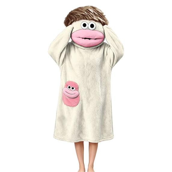 Hsovts Kids Big Mouth Monster Wearable Blanket Robe, Funny Fleece Hooded Onesie‑Style Pajamas, Plush Snuggle Loungewear for Boys Girls Halloween Beige