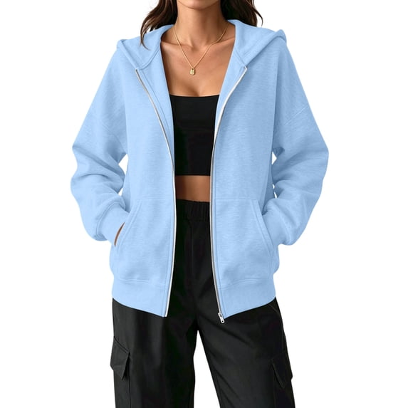Hsovts Light Blue Women's Fashion Hoodies & Sweatshirts Long Sleeve Crewneck Zip Up Sweatshirts Lightweight Pullover Hoodies Essentials Oversized Fleece Hoodies with Pocket XL
