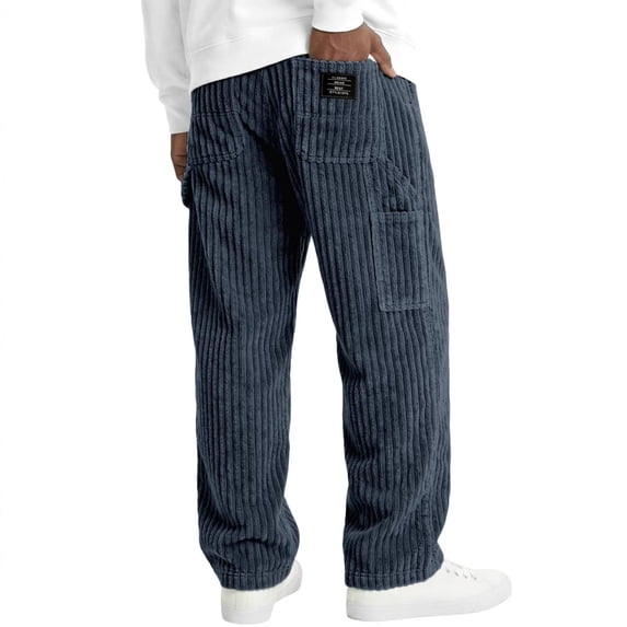 Hsovts Men Carpenter Pants, Solid Wide‑Wale Corduroy Relaxed Straight‑Leg Multi Cargo Pockets Casual Daily Work Bottoms Blue 3xL