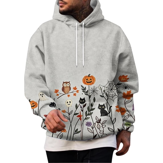 Hsovts Men Holiday Fall Pullover Hoodie, Halloween Pumpkin Ghost Graphic Print Drawstring Hood Sweatshirt with Pocket Gray M
