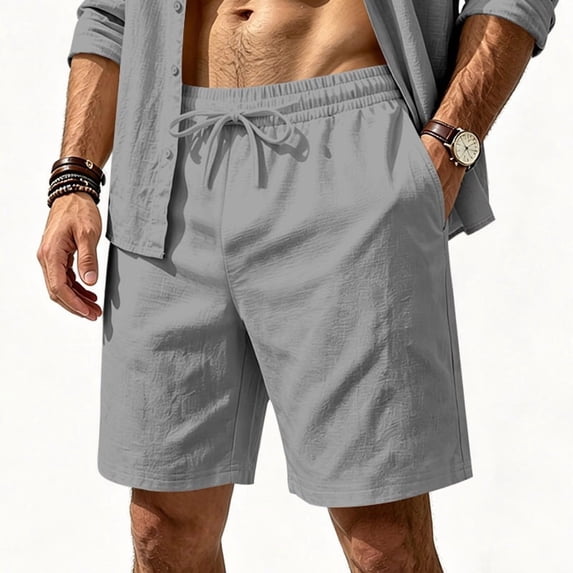 Hsovts Men Mens Casual Cotton Linen Shorts Summer Beach Shorts Lightweight Elastic Drawstring Waist with Pockets Gray 2XL
