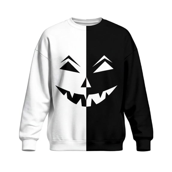 Hsovts Men Relaxed Fit Long Sleeve Sweatshirt, Halloween Split Color Pumpkin Face Graphic Crew Neck Pullover Top White XL