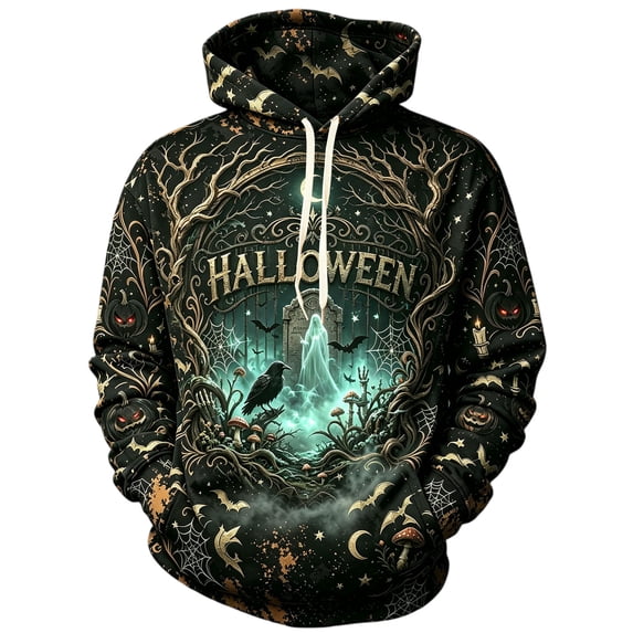 Hsovts Men Spooky Halloween Shirt, Ghost Pumpkin Bat Vintage Graphic Pullover Hoodie, Long Sleeve Casual Sweatshirt for Daily and Party Outfits Blue M