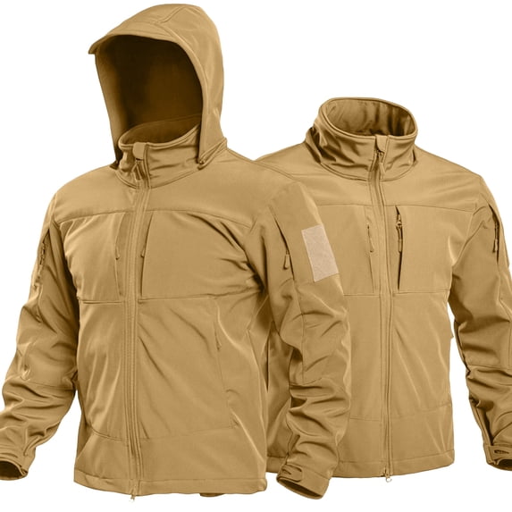 Hsovts Men Tactical Fleece Lined Softshell Hooded Jacket Waterproof Windproof Coat Military Outdoor Hiking Fall Winter Jackets Beige XXL