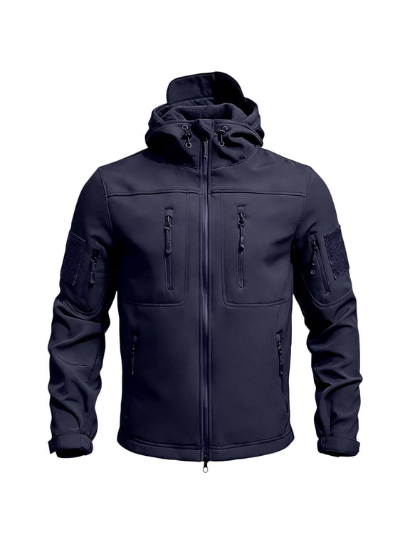 Men Tactical Fleece Lined Softshell Hooded Jacket Waterproof Windproof Coat Military Outdoor Hiking Fall Winter Jackets Blue XL