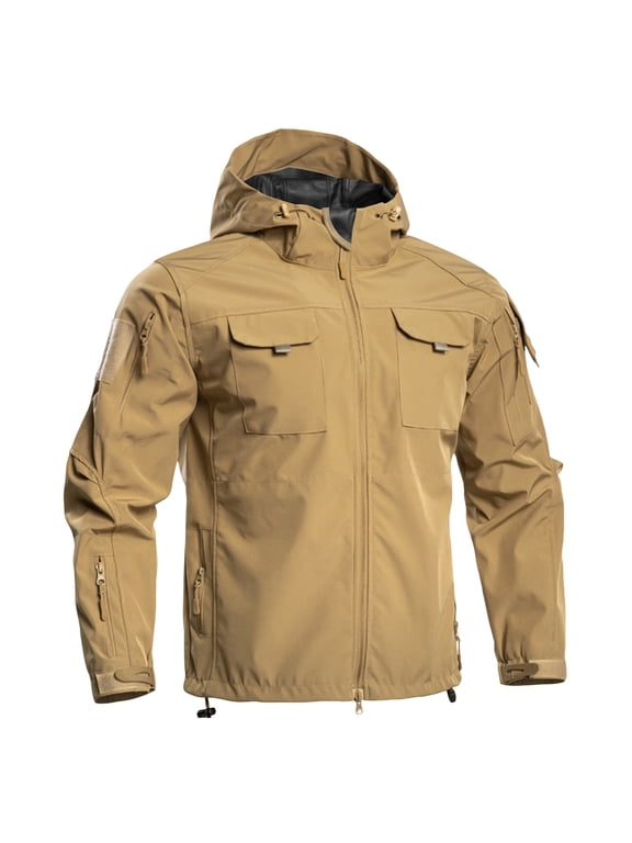 Men Tactical Softshell Jacket Fleece Lined Hooded Jackets Waterproof Windproof Military Outdoor Hiking Fall Winter Coat Beige L