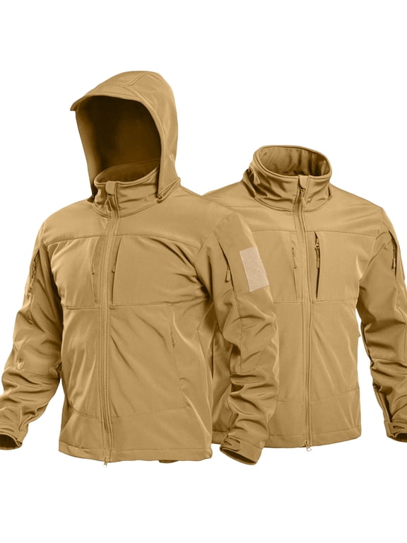 Men Tactical Windproof Waterproof Softshell Jacket Hooded Fleece Lined Military Coat Outdoor Hiking Fall Winter Jackets Beige M