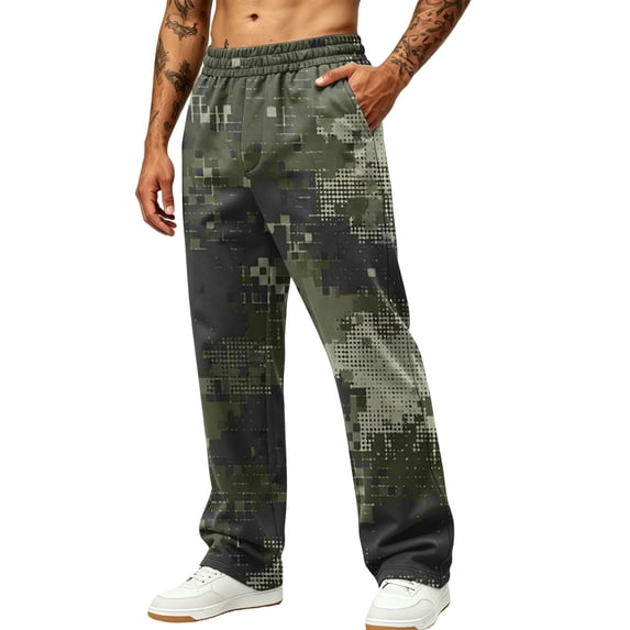 Hsovts Men's Athletic Open Bottom Relaxed Fit Camo Sweatpants Loose Casual Elastic Waist Drawstring Athletic Fashion Sweatpants Workout Pants with Pockets Army Green 2XL