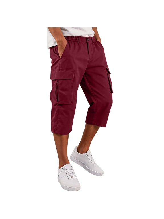 Men's Capri Pants Cargo Long Shorts Casual Elastic Waist Shorts Multi-Pockets Long 3/4 Pants Cargo Travel Capri Below Knee Pants Wine XL