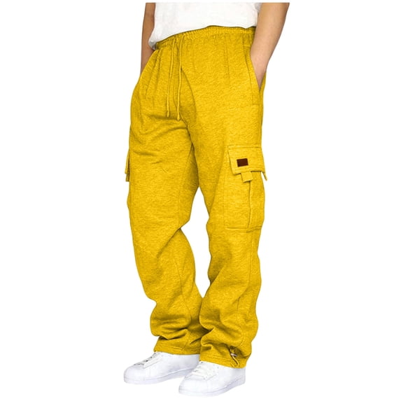 Hsovts Men's Cargo Sweatpants Casual Fleece Joggers Loose Fit Open Bottom Athletic Pants for Men with Pockets Yellow L