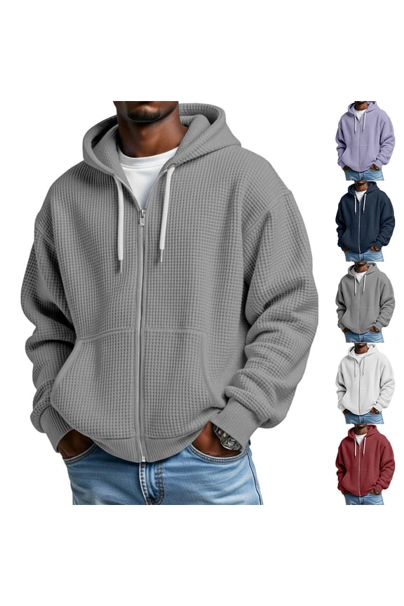 Men's Full Zip Up Hoodie Waffle Knit Jackets with Pockets Long Sleeve Outerwear Solid Casual Sweashirts Coat Navy 3XL