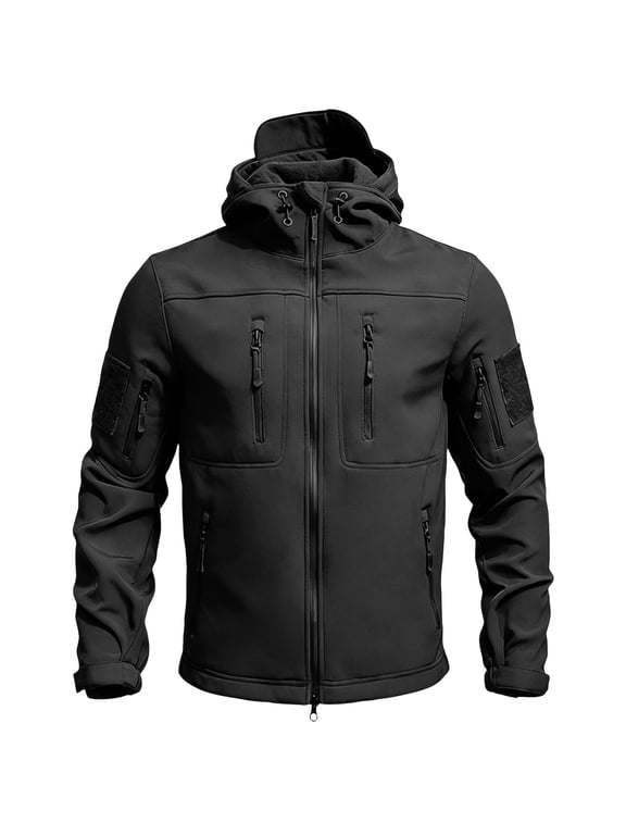 Men’s Hooded Tactical Soft Shell Jacket Waterproof Windproof Fleece Lined Coat For Hiking Outdoor Fall Winter Mens Jacket Black XL