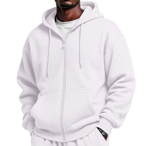 Hsovts Men's Hoodies Unisex Running Outfits Casual Zip UpSolid Color Long Sleeve Drawstring Pullover Hooded Sweatshirt White S