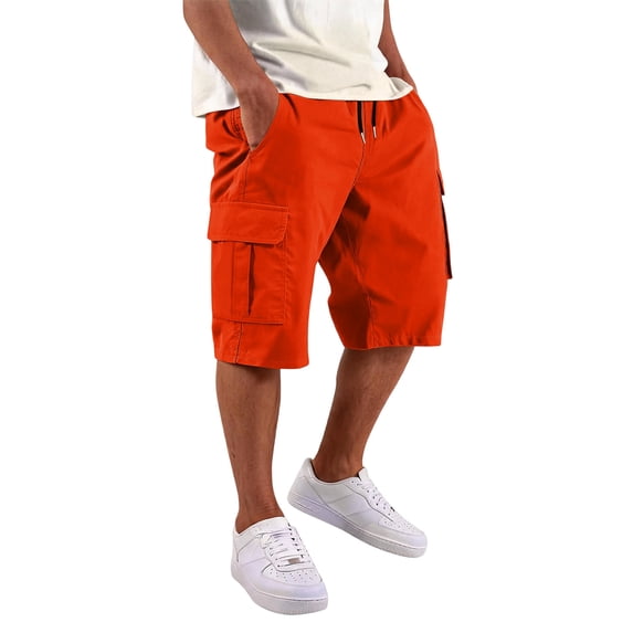 Hsovts Men's Long Cargo Shorts Below Knee Elastic Waist Drawstring Bermuda Work Shorts with Pockets Saffron M