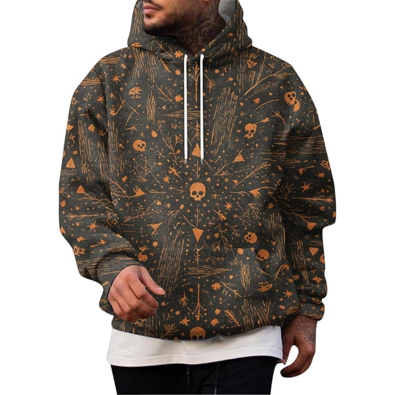 Hsovts Men’s Long Sleeve Halloween Pumpkin Spider Web Ghost Print Hooded Sweatshirt, Gradient Color Drawstring Pullover Casual Holiday Top Beige M