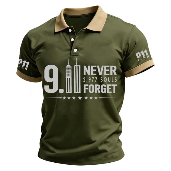 Hsovts Men's Patriotic Polo Shirt 25th Anniversary 9/11 Memorial Never Forget Twin Towers Flag Print Short Sleeve Daily Wear Tshirt Army Green 3xL