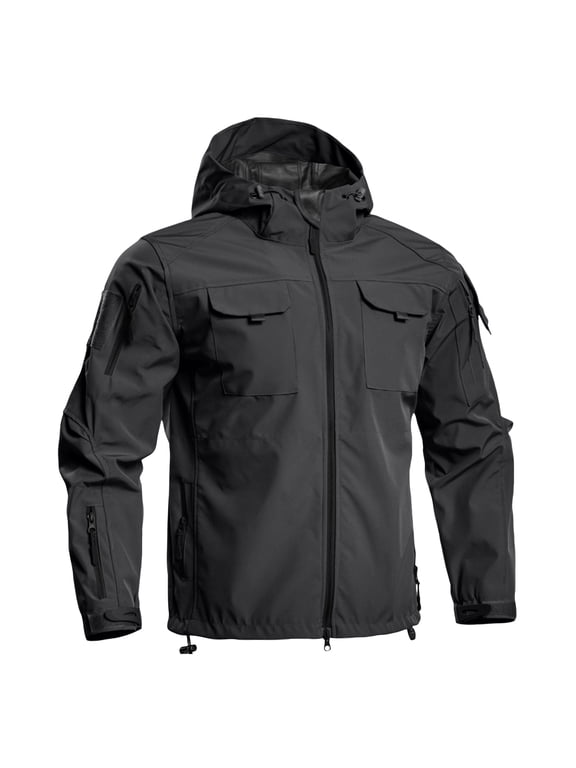Men’s Soft Shell Tactical Jacket Hooded Fleece Lined Waterproof Coat Windproof Outdoor Hiking Winter Fall Mens Jackets Black XXL
