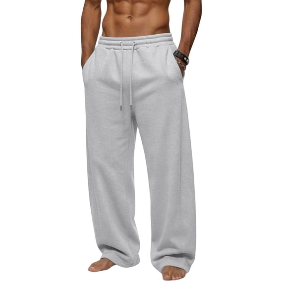 Hsovts Men's Wide Leg Sweatpants, Elastic Drawstring Waist Open Cuff Casual Trousers, Solid Color Relaxed Fit Side Pocket Streetwear Pants Gray M