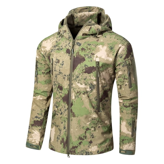 Hsovts Men’s Work Tactical Camo Soft Shell Hooded Jacket Waterproof Windbreaker Fleece Lined Military Coat Outdoor Fall Winter Jackets Green 4xL