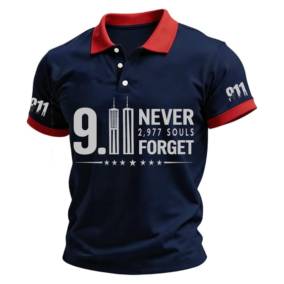 Hsovts Mens 25th Anniversary 9/11 Memorial Polo Never Forget Skyline US Flag Print Soft Short Sleeve Patriotic Daily Shirts Tshirt Navy M