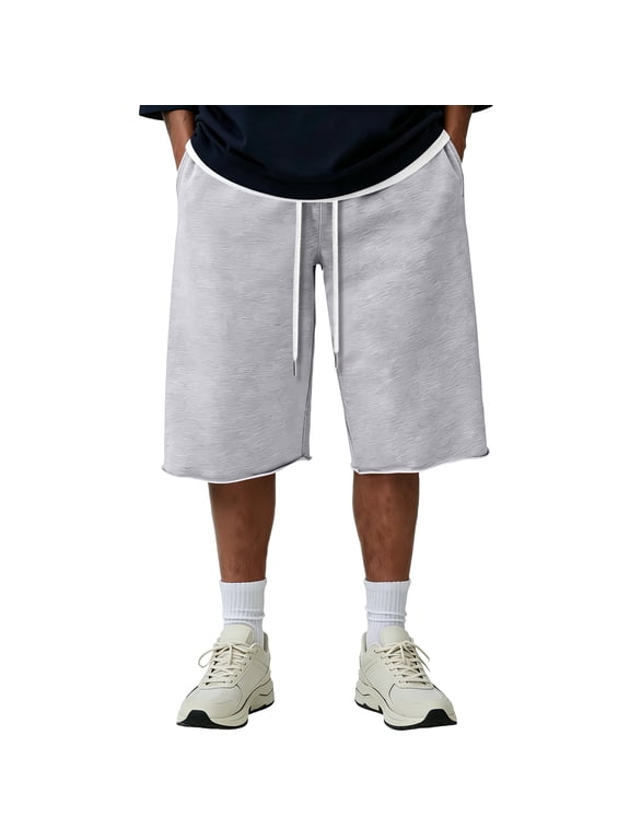 Mens Baggy Sweat Shorts 2026 Fleece Cotton Y2k Shorts Casual Under Knee Shorts Hem Gym Shorts with Pockets Light Gray L