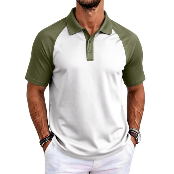Hsovts Mens Color Block Polo Shirt- Turndown Collar Breathable Raglan Sleeve Lightweight Summer Casual Short Sleeve Polos Army Green 2XL
