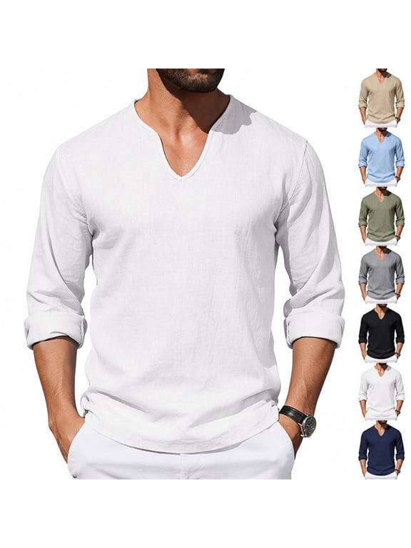Mens Linen Henley T-Shirts Long Sleeve Casual Lightweight Shirts Deep V Neck Breathable Hippie Summer Beach Shirts for Men Black S