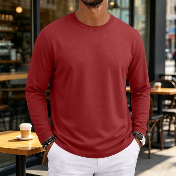 Hsovts Mens Long Sleeve Muscle T Shirts Casual Crewneck Knitted Longline Textured Tee Shirts for Gym Workout Red XL
