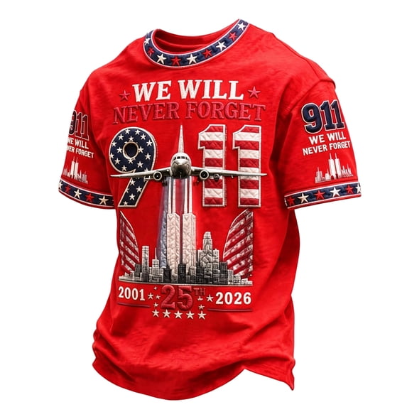 Hsovts Mens Never Forget Patriot Day Tee 911 25‑Year Anniversary Twin Towers Cityscape Full Print Crew Neck Short Sleeve Street Clothing Red 3xL