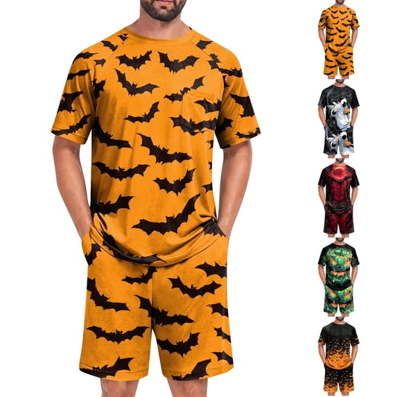 Hsovts Mens Pajamas Set Short Sleeve Sleepwear Crew Neck Pjs Sets Two-Pieces Loungewear with Pockets Orange 2XL