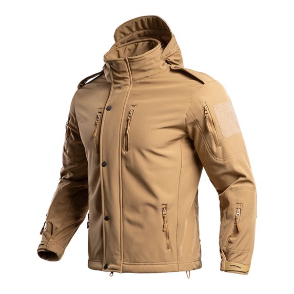Hsovts Mens Tactical Softshell Hooded Jackets Waterproof Windproof Fleece Lined Coat For Men Outdoor Hiking Fall Winter Wear Beige XXL
