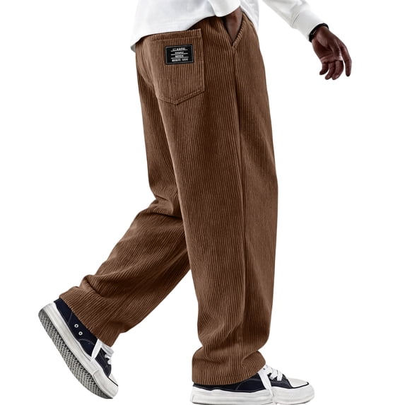 Hsovts Mens Vintage Wide‑Wale Corduroy Pants, Solid Relaxed‑Fit Straight‑Leg Multi‑Pocket Casual Street‑Style Trousers Brown L