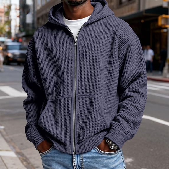 Hsovts Mens Waffle Knit Full Zip Hoodies Loose Pocket Drawstring Jacket Winter Warm Outdoor Casual Hoodie Navy M