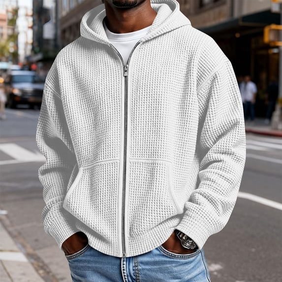 Hsovts Mens Waffle Knit Full Zip Hoodies Loose Pocket Drawstring Jacket Winter Warm Outdoor Casual Hoodie White XL