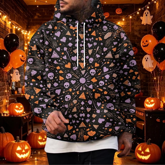 Hsovts Multi Style Halloween All Over Print Hoodies for Men, Pumpkin, Ghost, Witch, Bat Full Print Soft Long Sleeve Drawstring Pullover Tops Purple 2xL