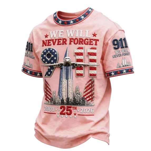 Hsovts Never Forget 911 Patriotic Men Tee 25Th Anniversary Twin Towers Cityscape Full Print Crew Neck Short Sleeve Streetwear Tshirt Pink 2xL