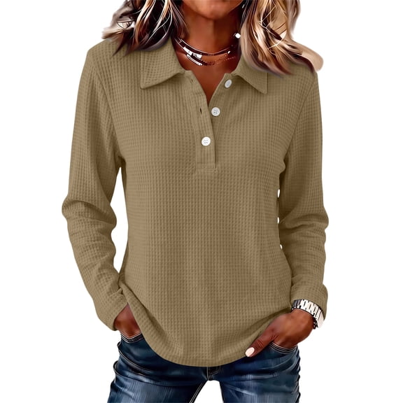 Hsovts Solid Collared Women Polo Shirts Long Sleeve Cotton Preppy Button Placket Tops Shirt Style for Work School Casual Activities Beige 2xL