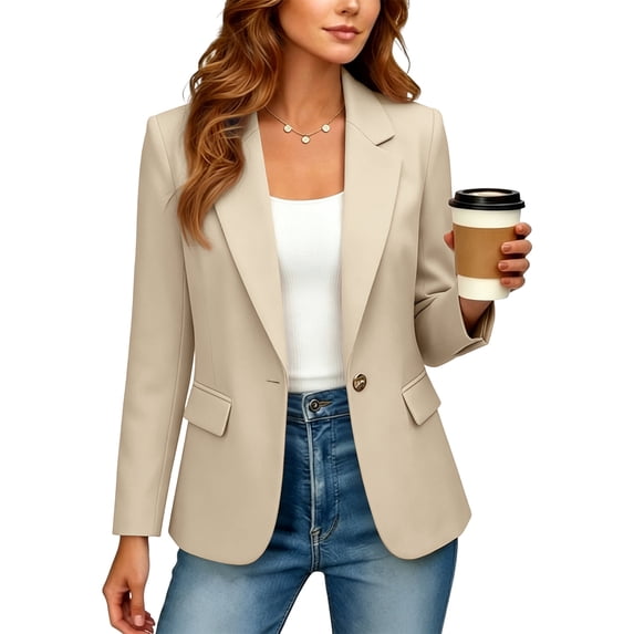 Hsovts Summer Lightweight Women Blazer Assorted Solid Colors One‑Button Long Sleeve Casual Fitted Tailored Office Business Work Plus Jacket Beige L