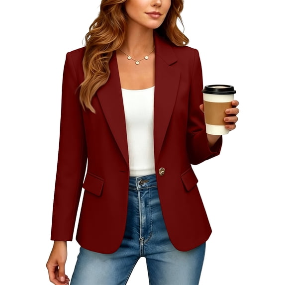 Hsovts Summer Lightweight Women Blazer Assorted Solid Colors One‑Button Long Sleeve Casual Fitted Tailored Office Business Work Plus Jacket Wine L