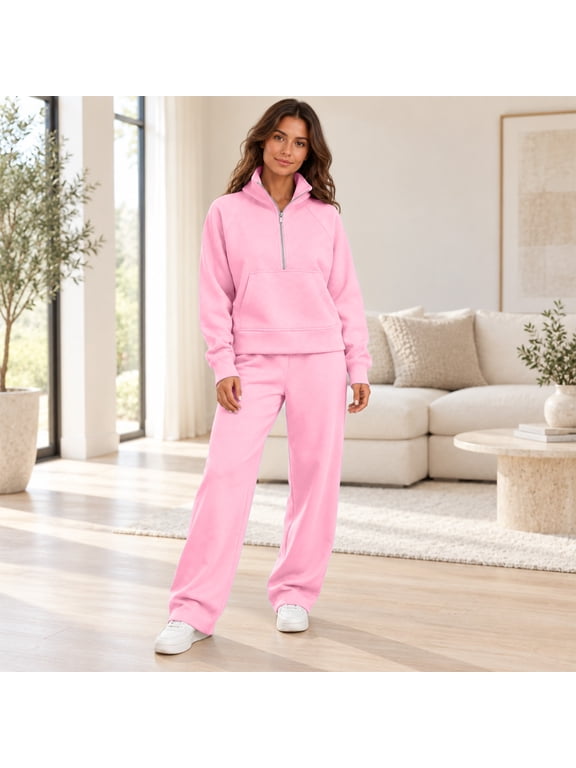 Sweat Suits for Womens 2 Piece Half Zip Long Sleeve Sweatshirt and Wide Leg Trousers Cozy Soft Tracksuit Loungewear for Daily Casual Loose Fit 2 Piece Tracksuit Pink XL