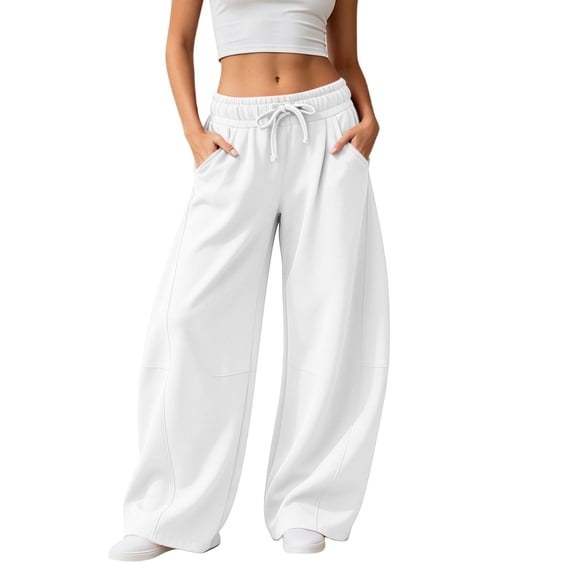 Hsovts Wide Leg Baggy Barrel Sweatpants Women, High Rise Adjustable Drawstring Elastic Waist, Oversized Sweatpant, Casual Pants With Pockets White L