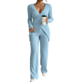 thumbnail image 1 of Hsovts Women Asymmetric Wrap Top Wide Leg Pants 2 Piece Set,Ribbed Knit Long Sleeve V‑Neck Soft Casual Loungewear Outfit, 1 of 4