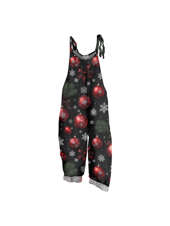 Women Christmas Elf Print Sleeveless Overalls, Adjustable Tie Shoulder Strap Jumpsuit, Loose Vintage Snow Scene Holiday Casual Romper for Christmas Party Outfit