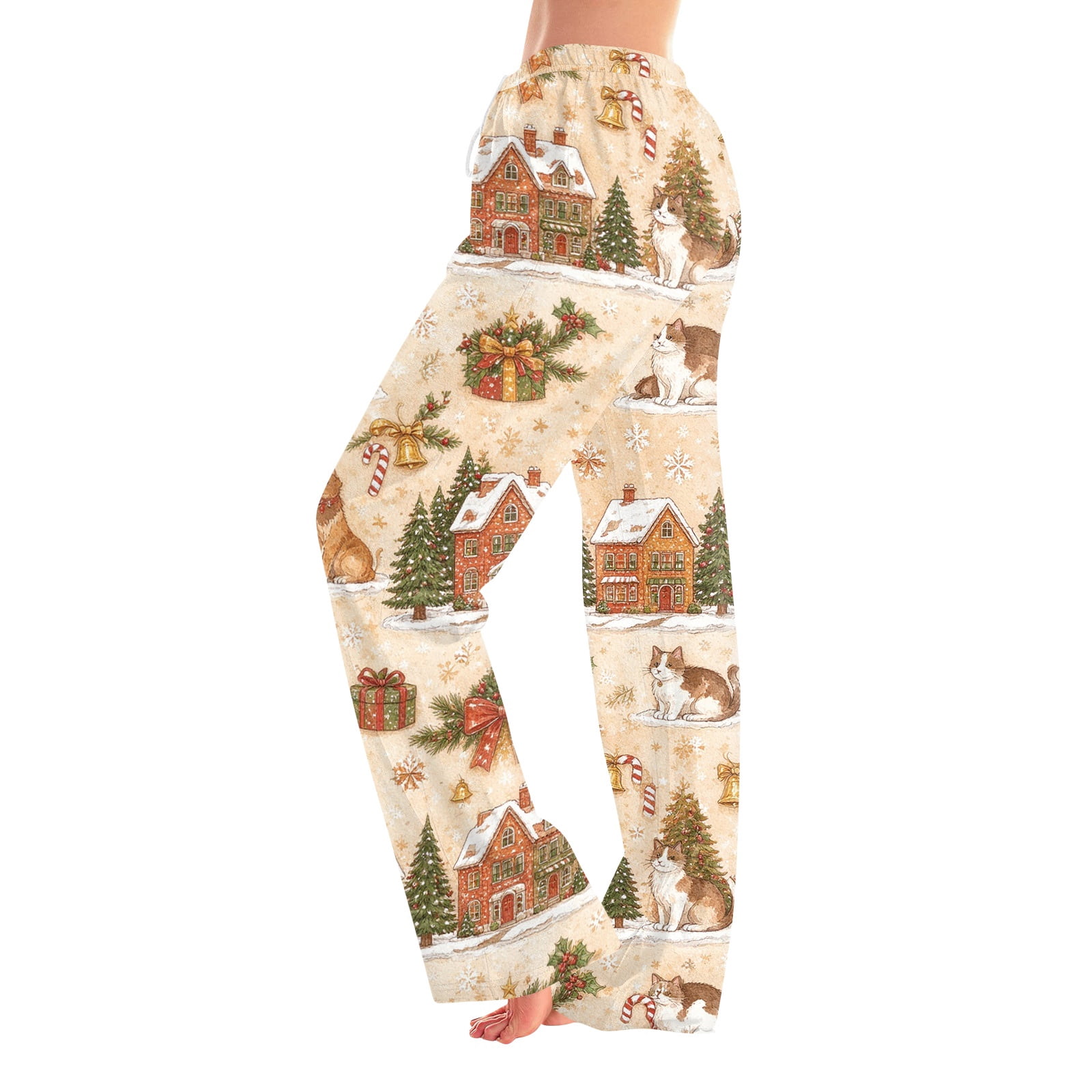 Hsovts Women Christmas Village House Cat Tree Bell Gift Snowflake Print ...